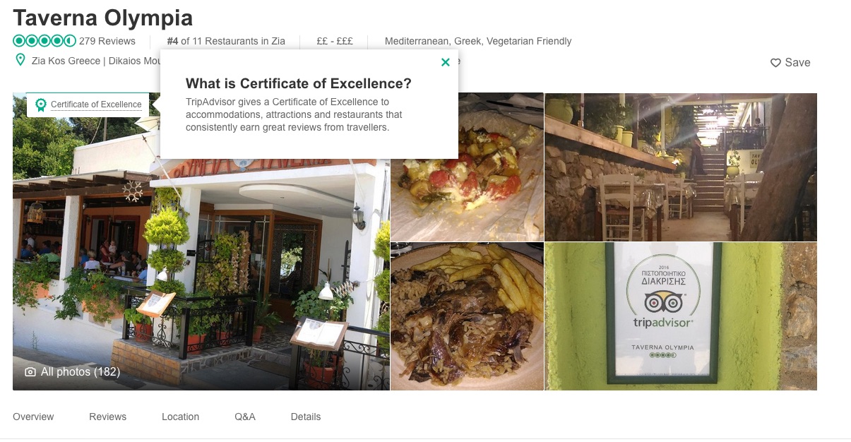 Olympia Restaurant at Zia Kos Tripadvisor certificate of excelence 2017